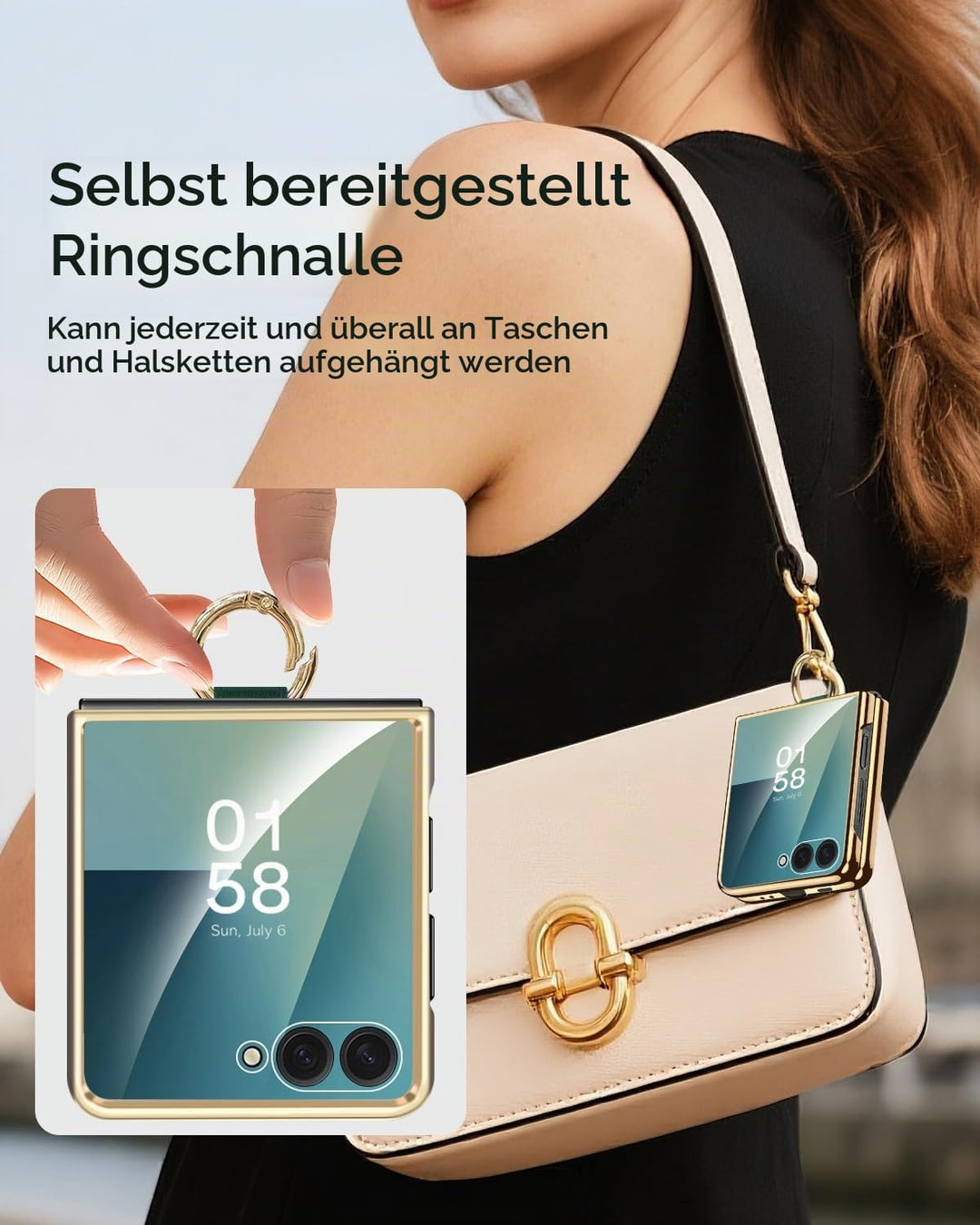 Miimall Lederhülle Kompatibel mit Samsung Galaxy Z Flip 7 Hülle mit Ring Ständer &amp; Kameraschutz [Lux