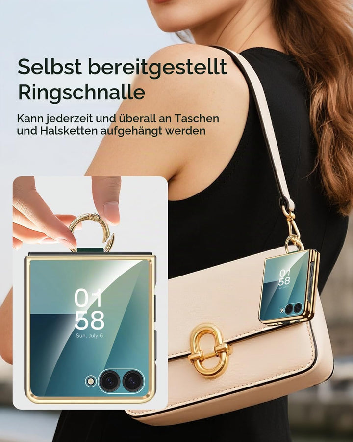 Miimall Lederhülle Kompatibel mit Samsung Galaxy Z Flip 7 Hülle mit Ring Ständer &amp; Kameraschutz [Lux