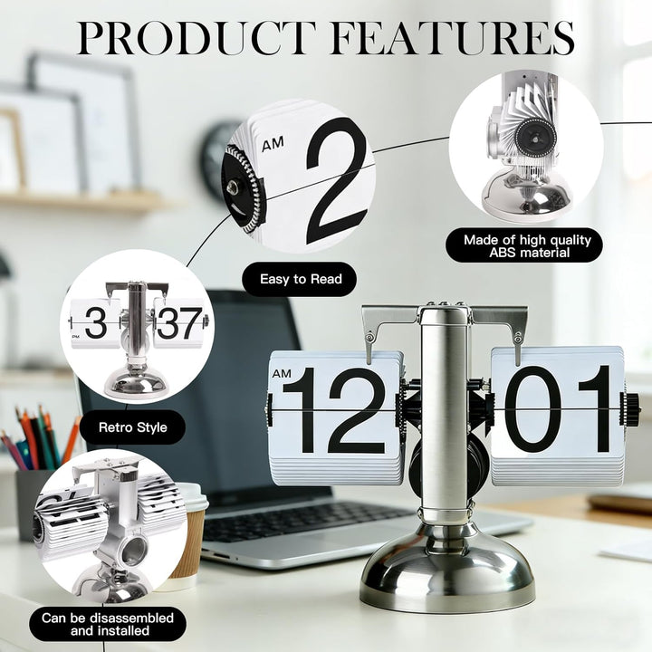 Flip Uhr Retro, Flip Schreibtischuhr, Schreibtischuhr Vintage Design, Automatisches Drehen Retro Dig
