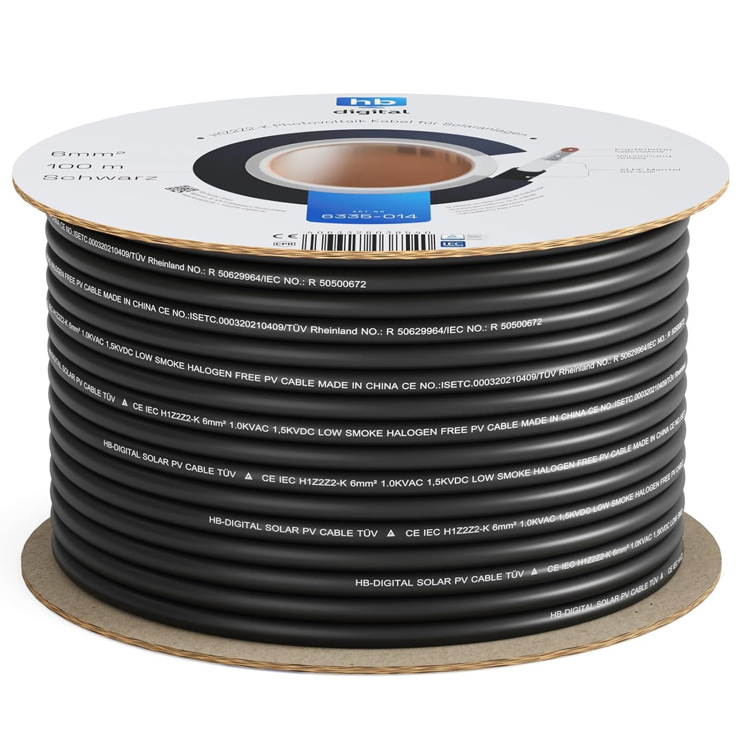 hb-digital 100m Solarkabel H1Z2Z2-K TÜV Rheinland geprüft 6mm2 UV-beständig flexibel PV Kabel Reines