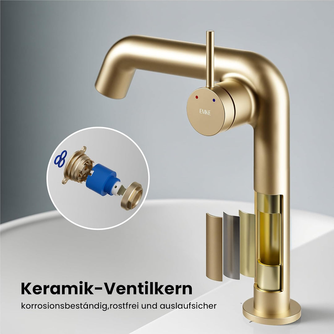 EMKE Wasserhahn Bad Champagnergold, 222 x 200 x 76 mm, Messing, Keramikkartusche, Badarmatur, Wasser