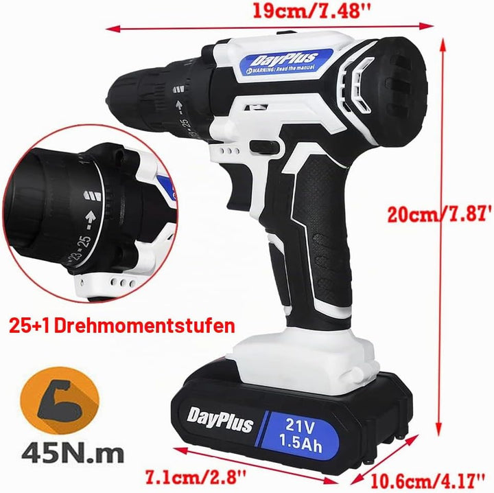 Akkuschrauber 21V Akku Bohrmaschine, 45Nm Akku-Bohrschrauber Set für DIY Projekt, 25+1 Drehmomentstu