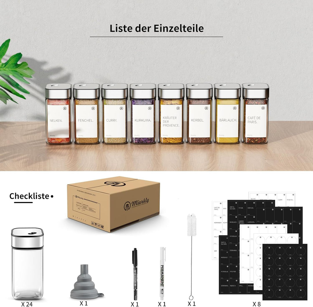 Miorkly 24 Gewürzgläser Eckig,120ML Gewürzdosen Set mit Streueinsatz,Gewürzstreuer mit Drehdeckel-St