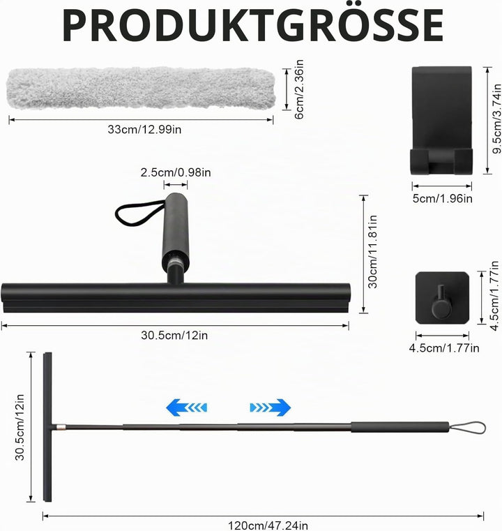 Ausziehbarer Duschabzieher Schwarz, Abzieher Dusche mit 30-120cm Teleskopstiel Fensterabzieher mit E