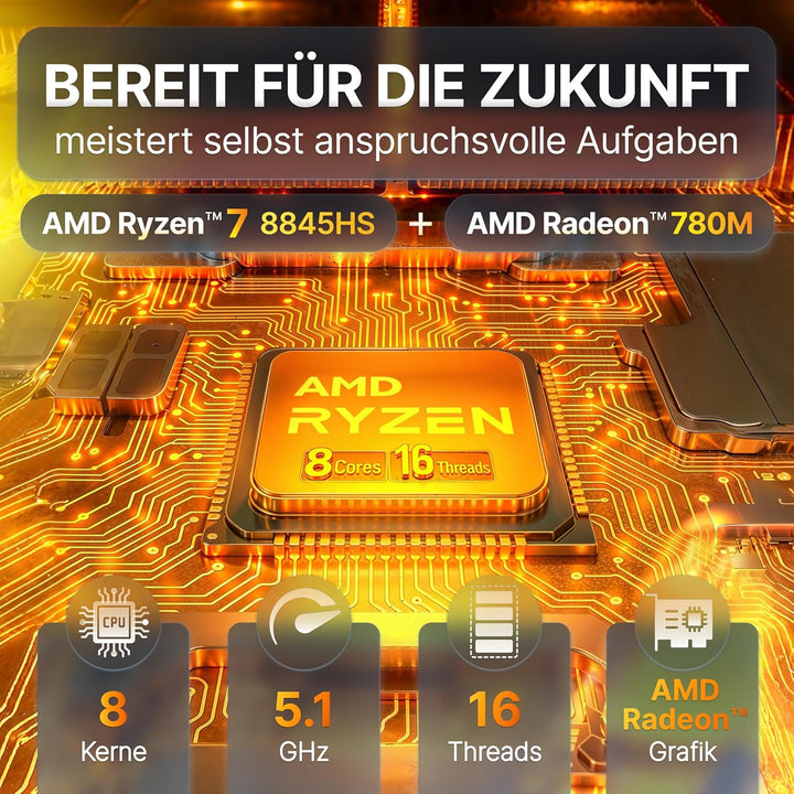 AMD Ryzen® R7-8845HS Mini PC • 8 Kerne, bis zu 5,1GHz • 32GB DDR5 RAM, 1TB SSD • USB4, WiFi 7, HDMI