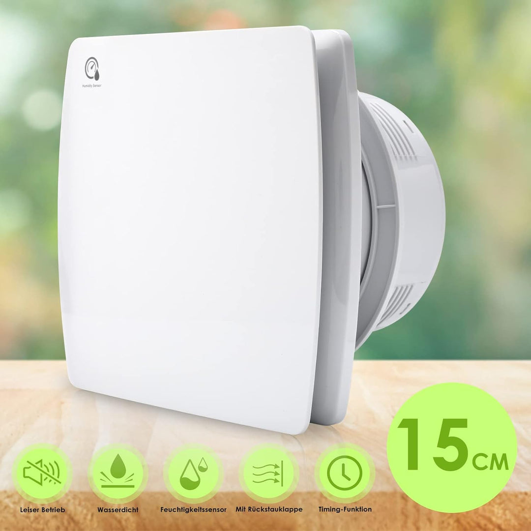 Badlüfter 150mm mit Feuchtigkeitssensor und Rückstauklappe timer, Badezimmerlüfter Wohnraumlüfter Ba
