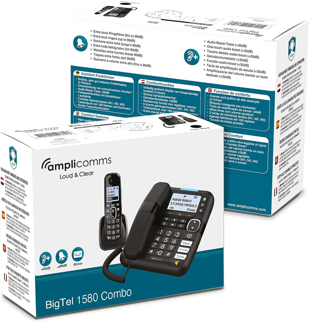 Amplicomms BigTel 1580 Combo DECT Grosstasten Telefon, Anrufbeantworter, zusätzliches Mobilteil, Aud