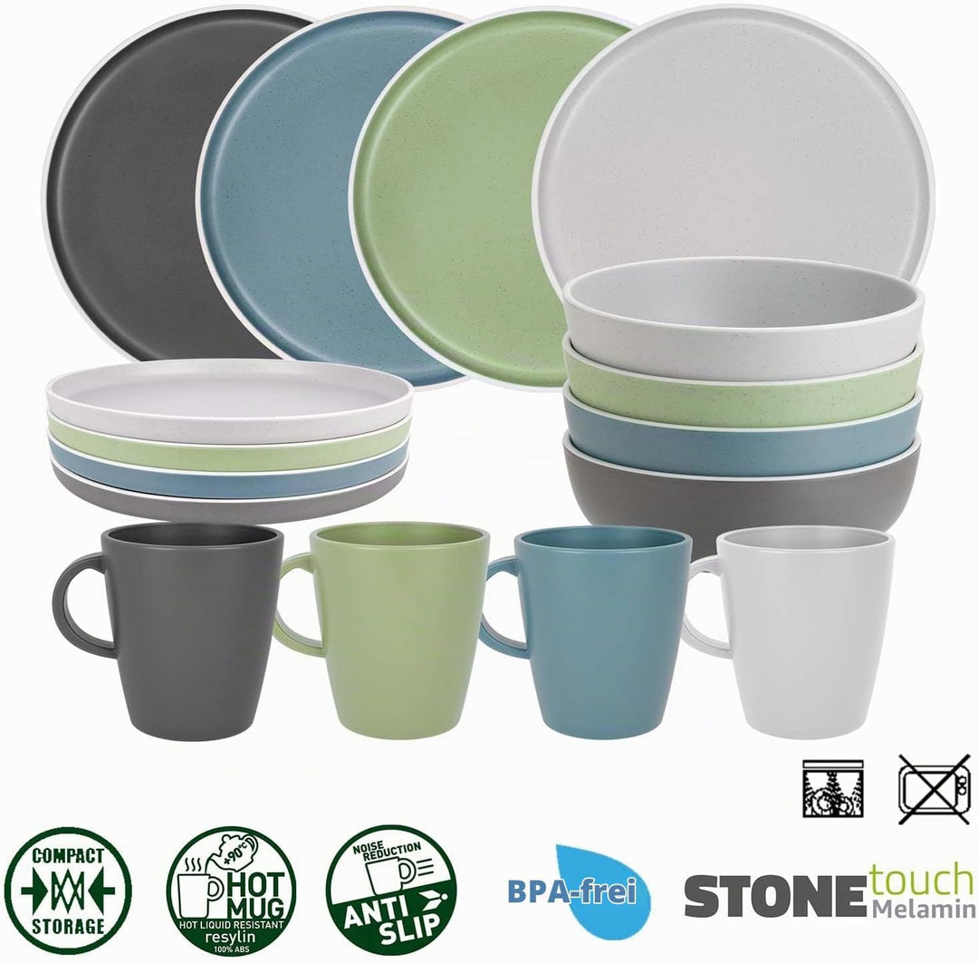 BRUNNER: Melamin Geschirr-Set Camping | 16-Teilig - Teller &amp; Kaffe-Becher für 2-4 Personen | DOLOMIT