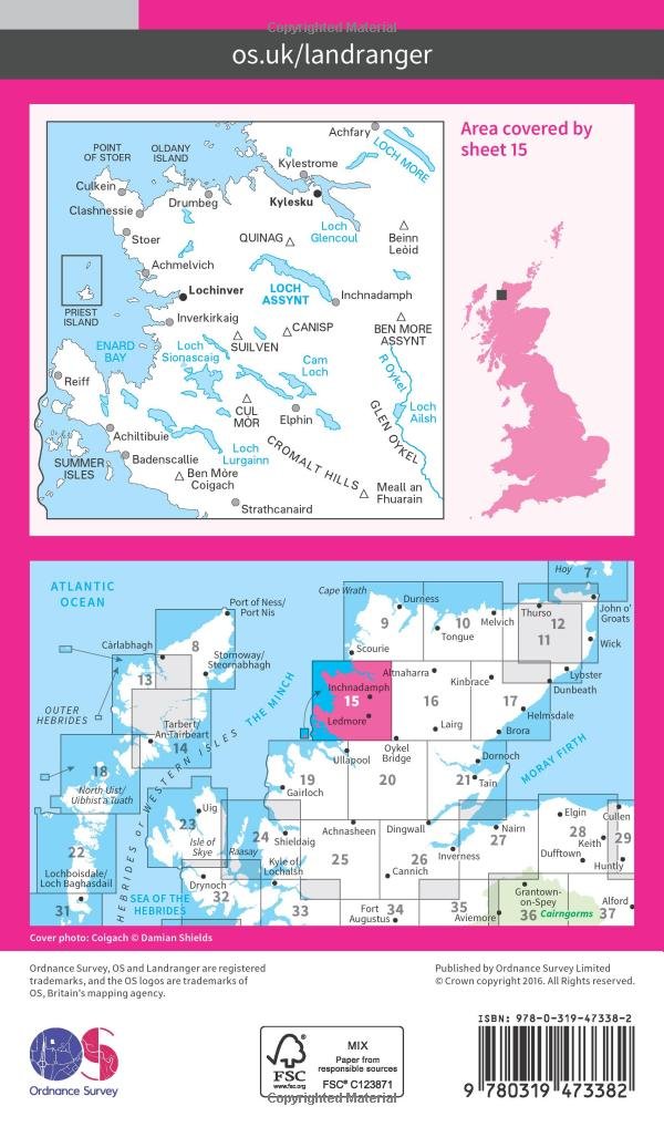 Loch Assynt, Lochinver & Kylesku (OS Landranger Active Map, Band 15), Karte