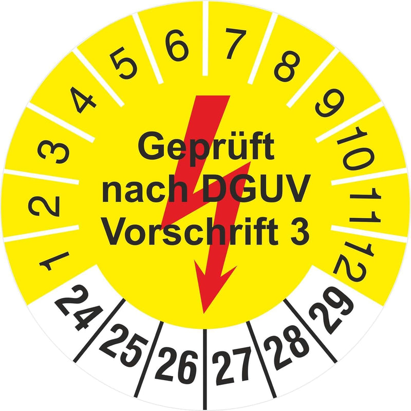 500 Prüfetiketten 30 mm Geprüft nach DGUV Vorschrift 3 gelb mit Blitz 2024-2029 Prüfplakette 500 30m