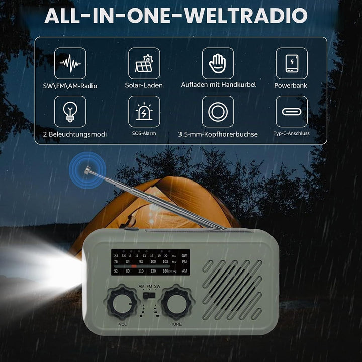 Notfallradio mit Kurbel &amp; 2000 mAh Wiederaufladbare Batterie, Solar Radio mit Weltempfänger, Tragbar