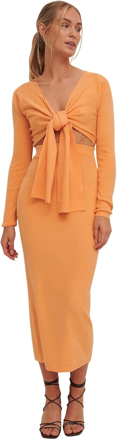 NA-KD Damen Gestricktes Midikleid mit Knoten Vorne Lssiges Kleid, Pfirsich