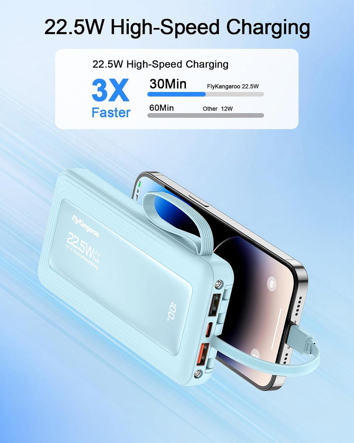 Powerbank mit integrierten Kabeln, 10000mAh, 22,5W Schnellladefunktion, USB-C LED-Anzeige, tragbares