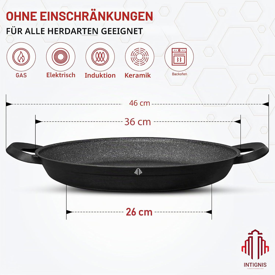 INTIGNIS Paellapfanne mit Glasdeckel 36cm• GREBLON® Keramik-Antihaft • Für alle Herdarten inkl. Indu