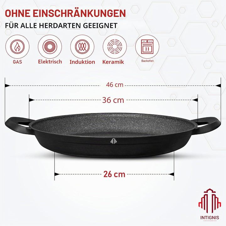 INTIGNIS Paellapfanne mit Glasdeckel 36cm• GREBLON® Keramik-Antihaft • Für alle Herdarten inkl. Indu