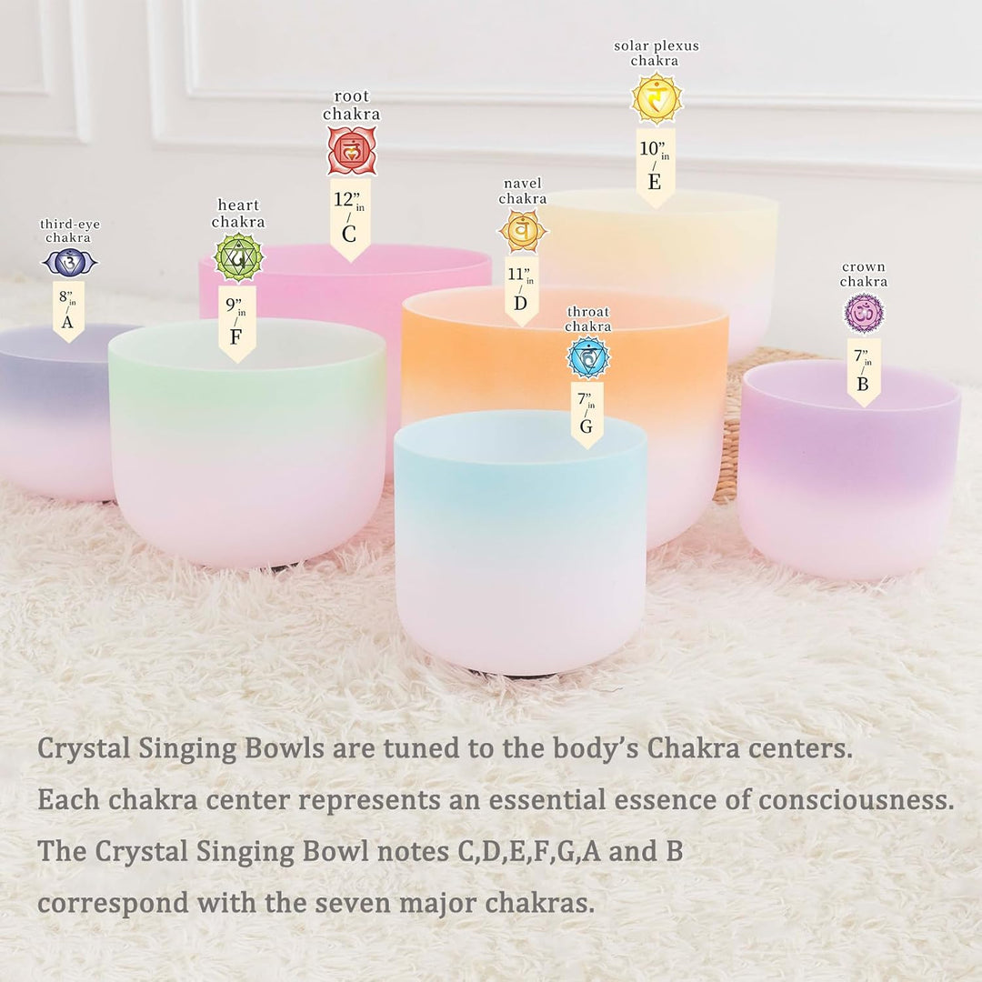 Hye-eun Kristall Klangschalen Set,7Pcs 432 Hz Crystal Singing Bowl (7-12 Zoll) mit Rainbow zweifarbi