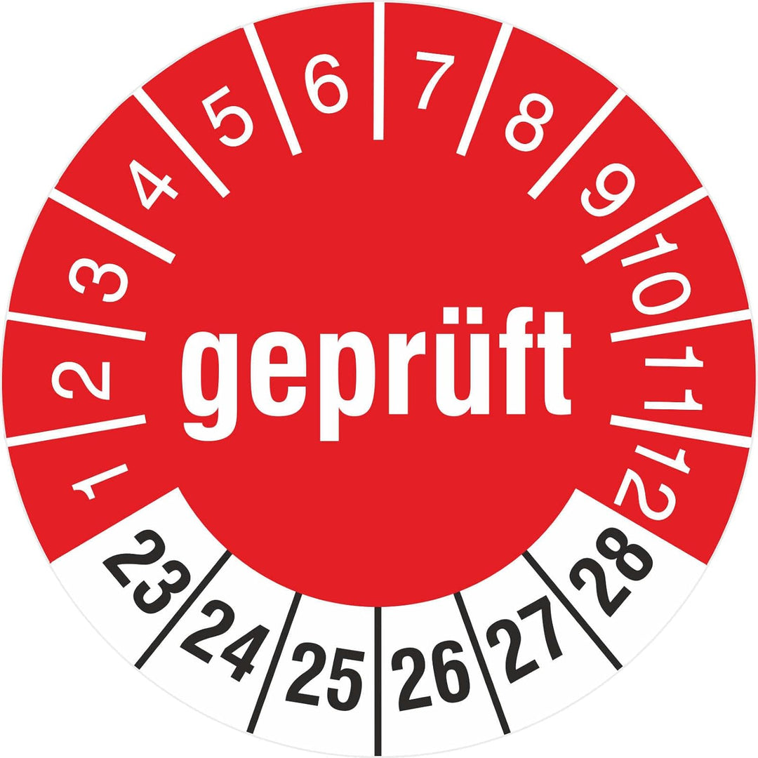 500 Prüfplaketten Prüfetiketten mit Aufdruck GEPRÜFT 30 mm 2023-2028 Rollenware stark haftend 500 30