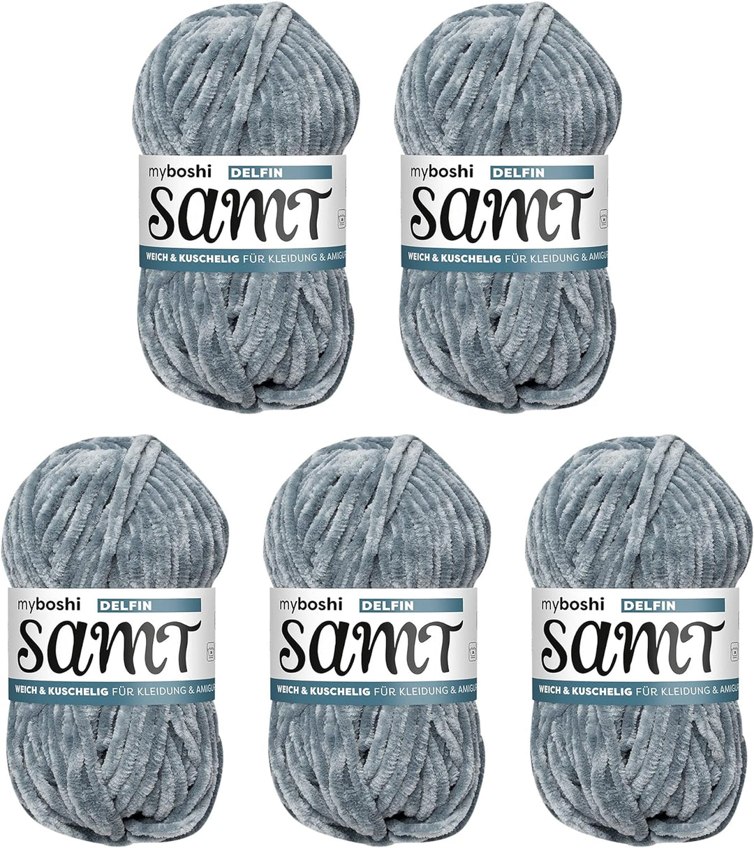 myboshi Häkel- und Strickgarn | Velours | Chenillegarn | Plüschwolle | 5 Knäuel Garn | 894 Delfin -