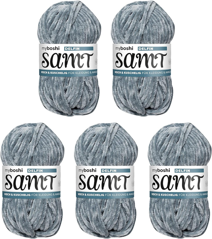 myboshi Häkel- und Strickgarn | Velours | Chenillegarn | Plüschwolle | 5 Knäuel Garn | 894 Delfin -