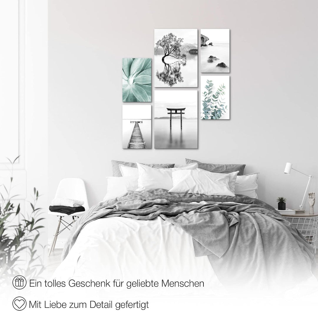 Novart Bilder Set - AUFHÄNGFERTIG - KEIN EXTRA RAHMEN BENÖTIGT - Asien Zen See Modern Schwarz Weiss
