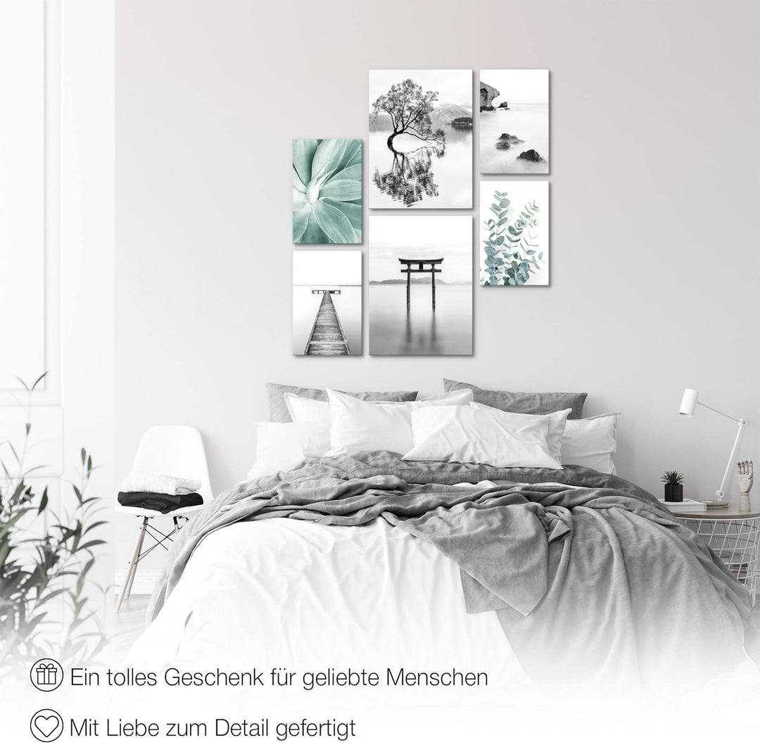 Novart Bilder Set - AUFHÄNGFERTIG - KEIN EXTRA RAHMEN BENÖTIGT - Asien Zen See Modern Schwarz Weiss