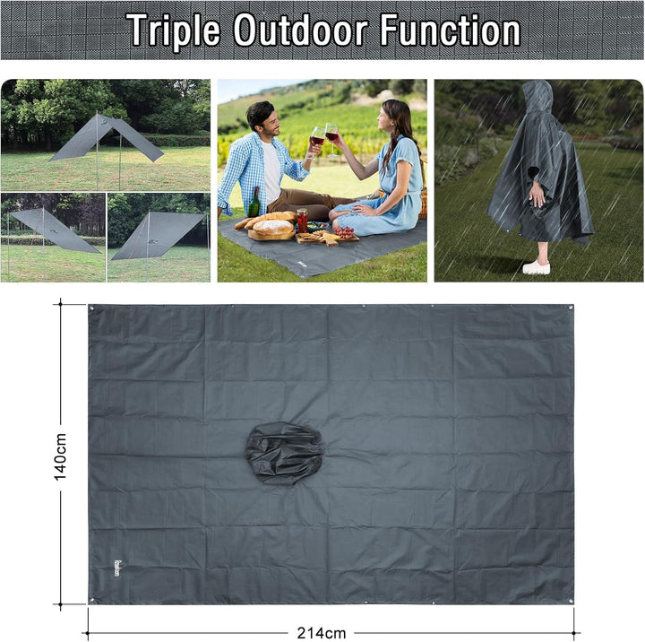 Azeekoom Regenjacke Regenponcho, Regenmantel Wasserdicht Unisex Camping Zelt Campingdecke 3 in 1 Mul