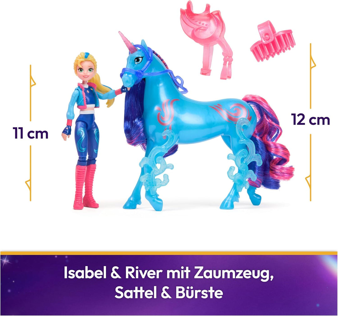 Unicorn Academy Set - Isabel und Einhorn River mit echter Mähne und Schweif sowie Bürste, ca. 12 cm