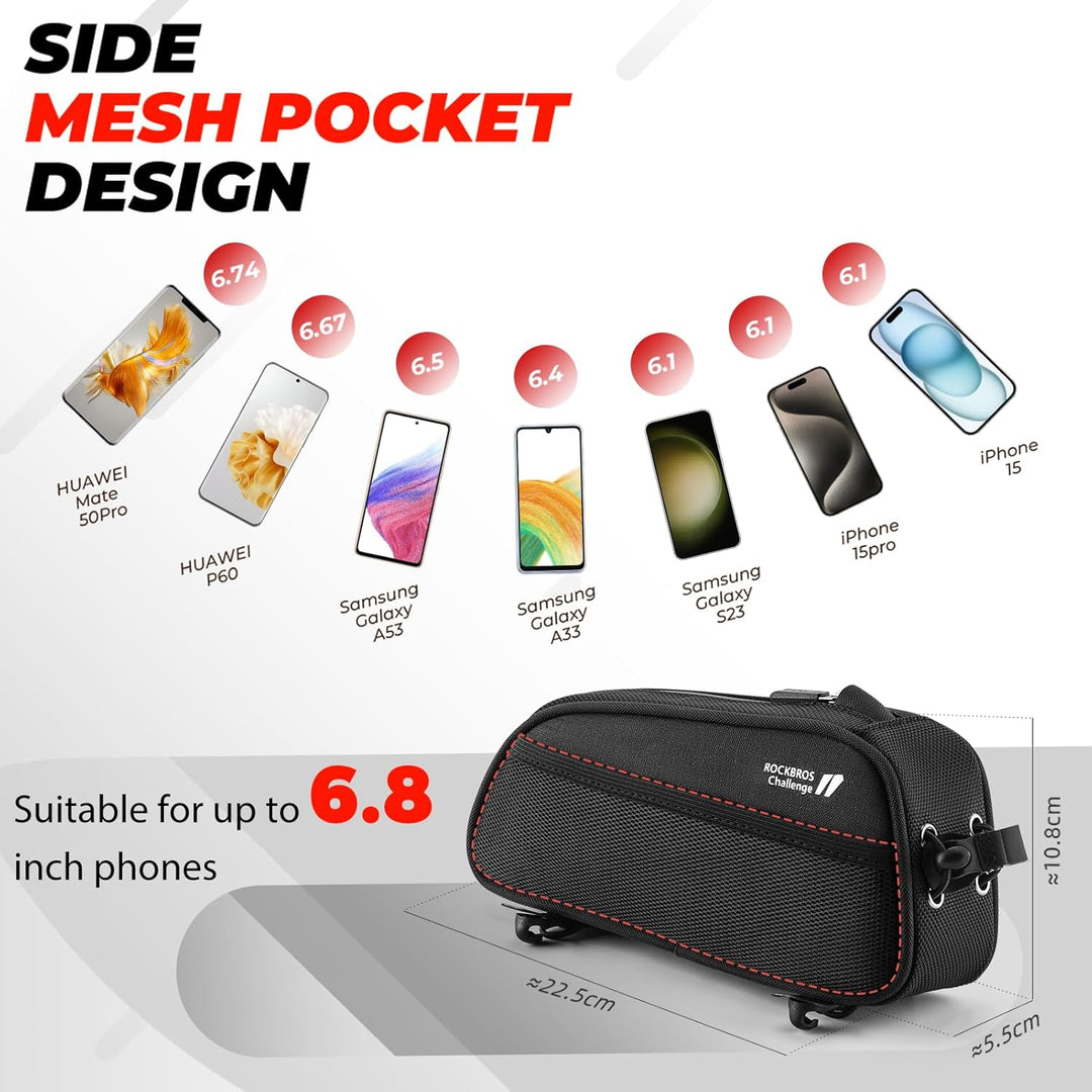 ROCKBROS Fahrrad Rahmentasche Oberrohrtasche mit Kabelöffnung, Schlankes Beinschonendes Design Top T