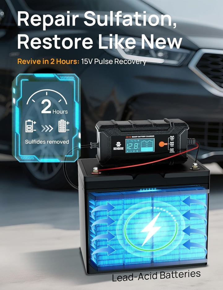 DCHOUSE 12V 12Ah LiFePO4 Lithium Batterie mit 5A Ladegerät und 15A BMS, 10 Jahre Lebensdauer, über 1
