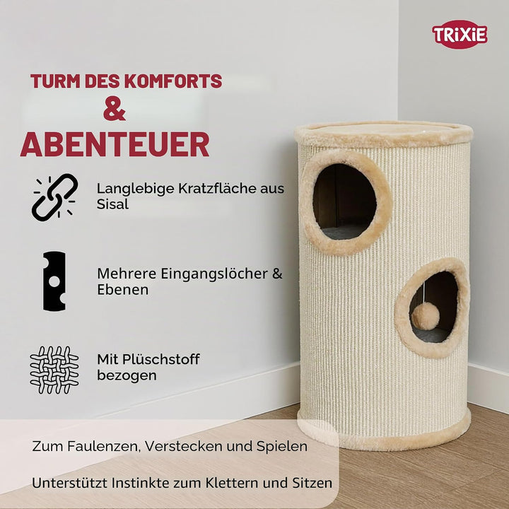 TRIXIE Kratztonne für Katzen Samuel 70 cm in natur/beige – dreistöckige Katzentonne mit gepolsterter