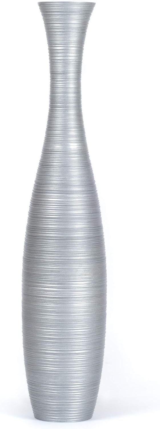 Leewadee Grosse Bodenvase für Dekozweige hohe Standvase Design Holzvase, Holz, 110 cm, Silber 110 cm