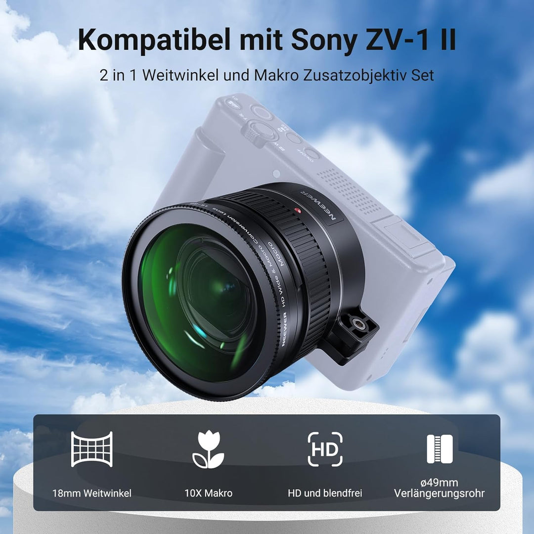NEEWER Weitwinkelobjektiv Kompatibel mit Sony ZV-1 II (ZV-1 M2), 2 in 1 HD 18mm Weitwinkel + 10X zus