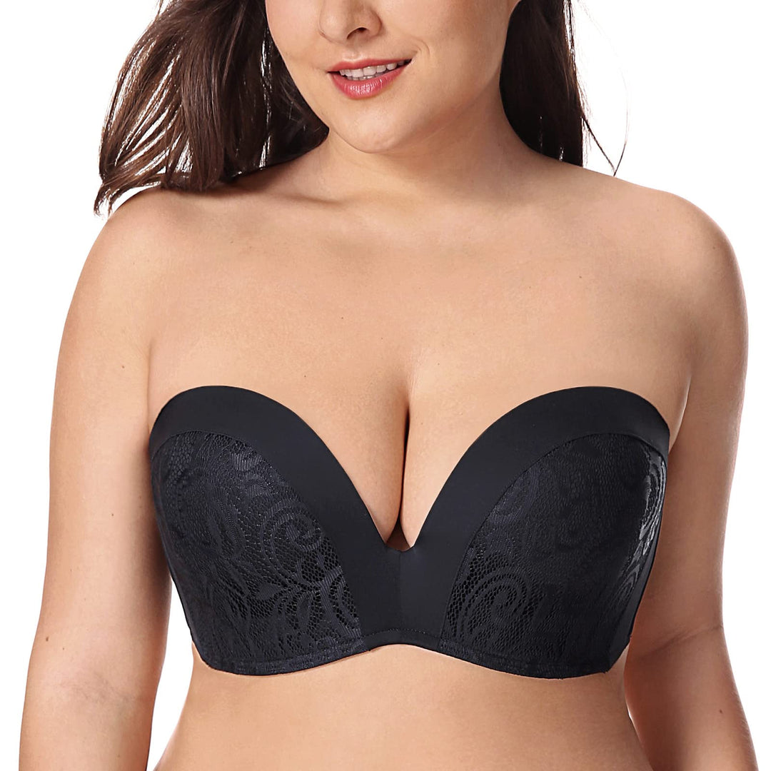 DELIMIRA Damen Push Up Trägerloser BH Spitze Grosse Grössen BHS mit Gemoldete Cups 85G Schwarz, 85G