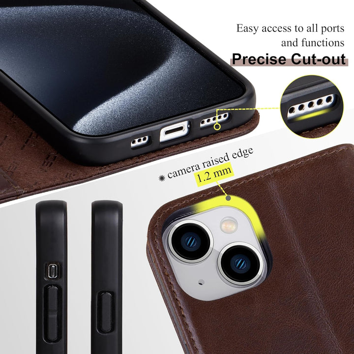 VISOUL Hülle für iPhone 15, Schutzhülle [Echt Leder] [Schützt vor Stoss] [Kartenfach] [Magnetverschl