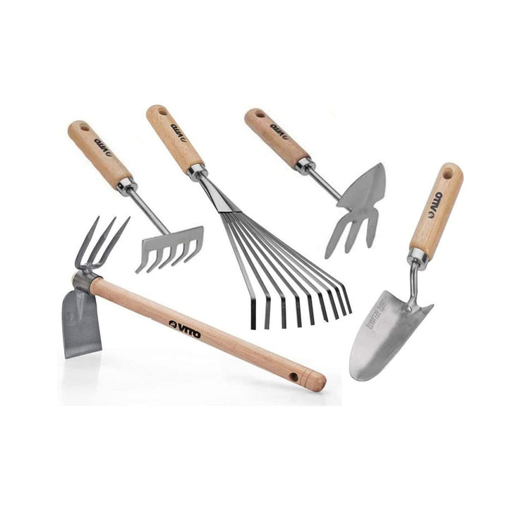 VITO - Set mit 5 Gartenwerkzeugen mit Holzgriff, Edelstahl und Eisen, handgeschmiedet, hohe Qualität