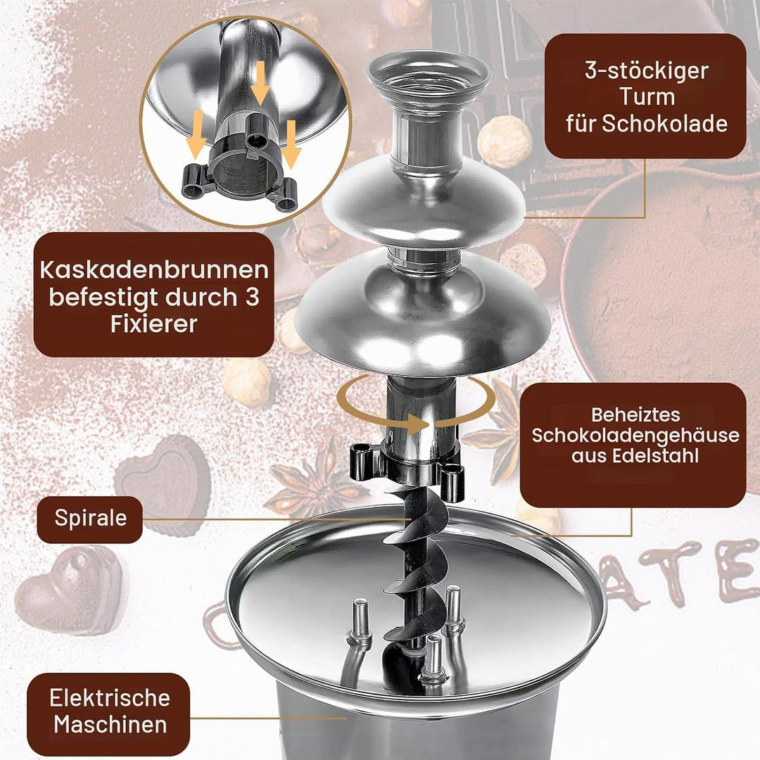 Schokobrunnen Elektrisch, 3-stufiger Schokoladenbrunnen, Edelstahl-Schokoladenfondue Maschine mit 60