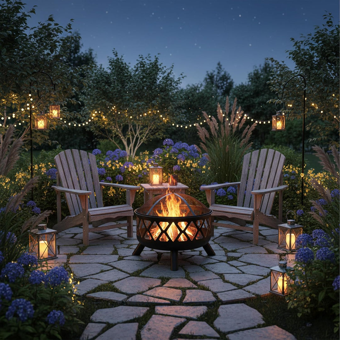 Relaxdays Feuerschale mit Funkenschutz, Ø 62 cm, mit Schürhaken, Garten, Terrasse, Outdoor Feuerstel