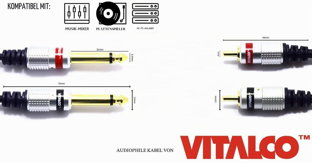 Cinch auf 6.3mm Klinke Kabel 1m 2X Male Chinch Stecker zu 2X Grosse Klinke Mono Audio Adapter MK50 1