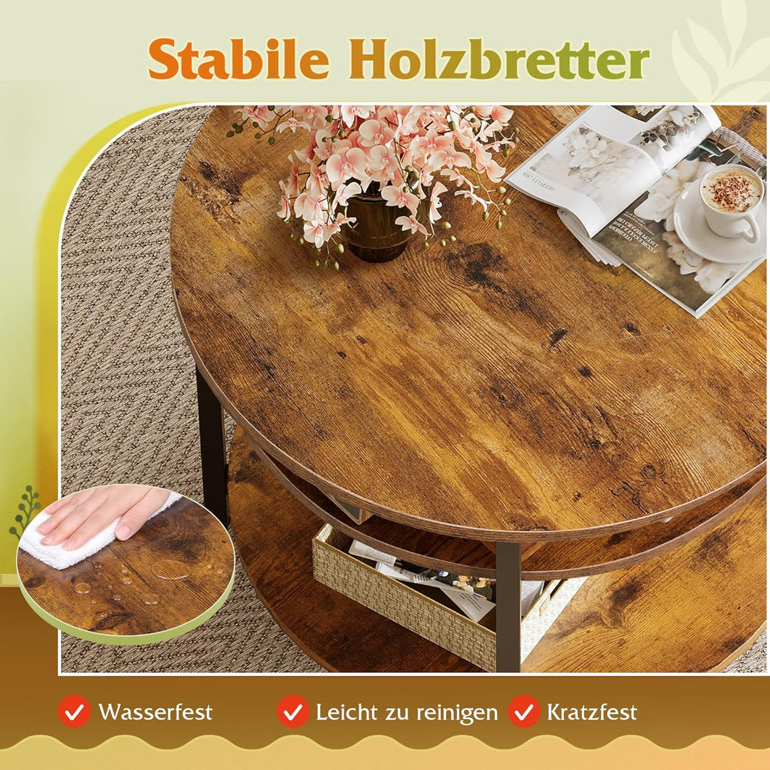 WLIVE Couchtisch Rund mit Hebeplatte, Wohnzimmertisch Höhenverstellbar mit Stauraum, 60 x 60 x 50 cm