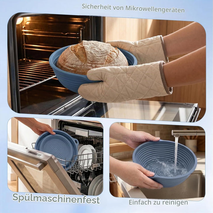 Gärkörbchen Set Faltbar Silikon, Brotbackform Oval und Rund mit Backpinsel