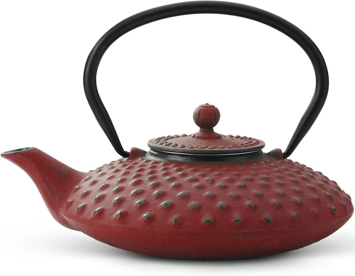 kleine rote Asia Teekanne Gusseisen Set 0.8 Liter Teekessel mit Henkel &amp; Edelstahl Tee-Filter-Sieb-E
