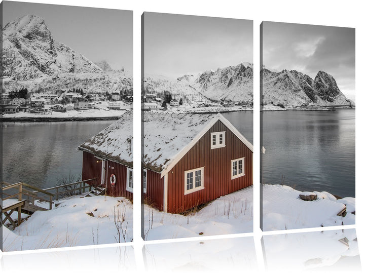 Pixxprint Fischerhaus an den Lofoten Inseln B&W Detail 3-Teiler Leinwandbild 120x80 Bild auf Leinwan