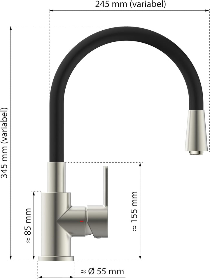 EISL Flexo Edelstahl/Schwarz Flexible Spültischarmatur Niederdruck, biegsamer Wasserhahn für die Küc