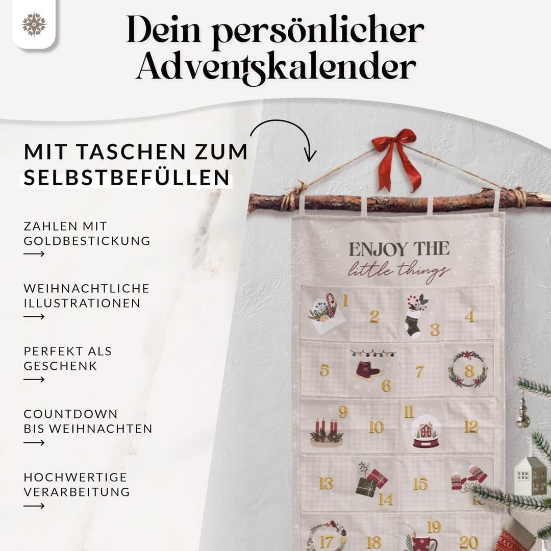 Lebenskompass® Adventskalender zum Befüllen aus Stoff - Wandteppich mit 24 grosse Taschen - Stilvoll