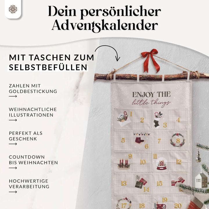 Lebenskompass® Adventskalender zum Befüllen aus Stoff - Wandteppich mit 24 grosse Taschen - Stilvoll