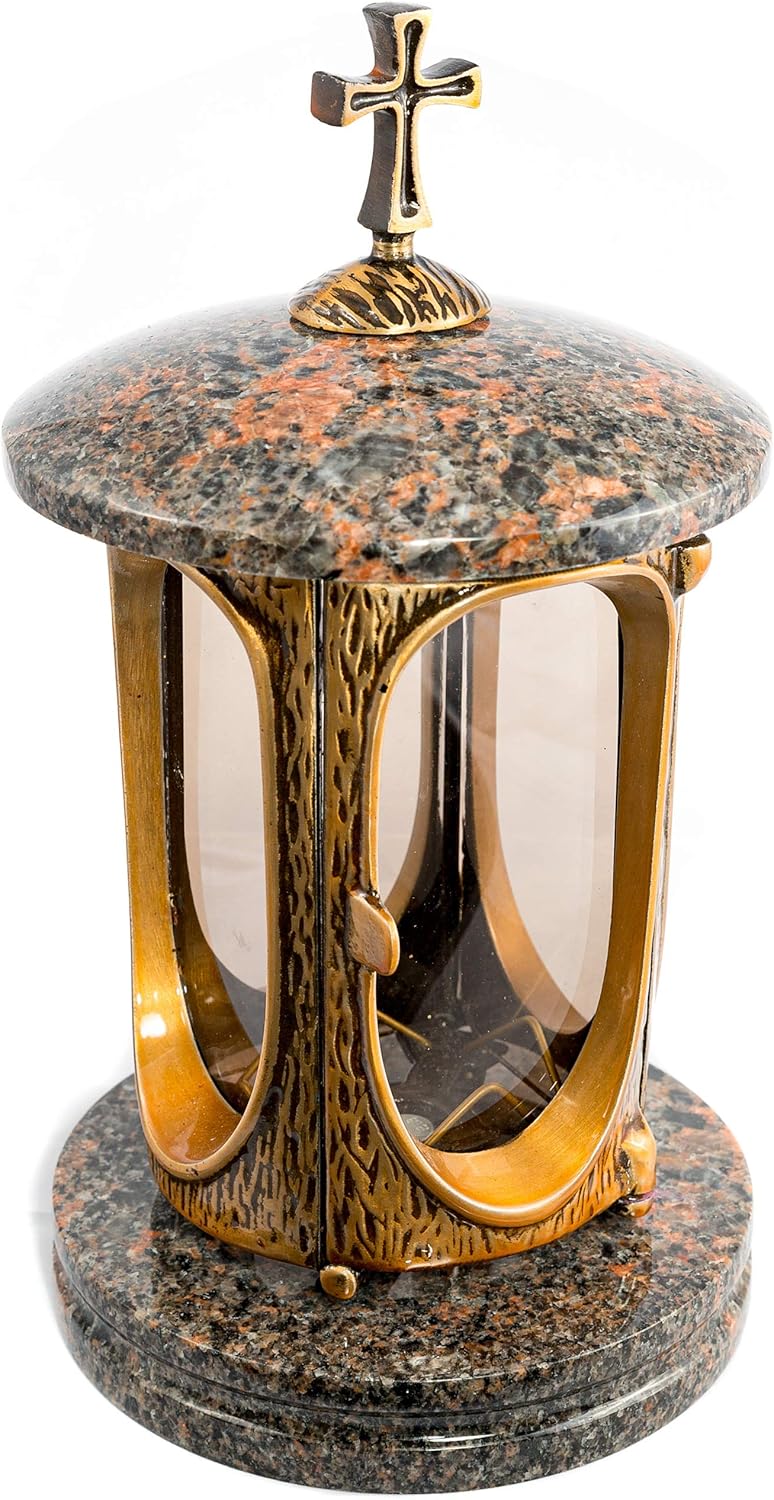 Stilvolle Grablaterne Elégant mit Kreuz Granit Aurora Finnland Höhe 27 cm/Ø 15 cm Grableuchte Grabli
