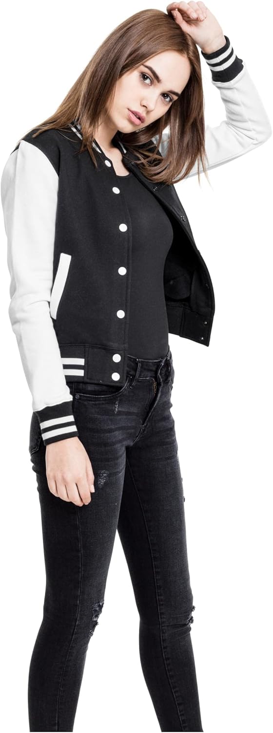 Urban Classics Damen Ladies College Sweat Jacket XS Blk/Wht, XS Blk/Wht