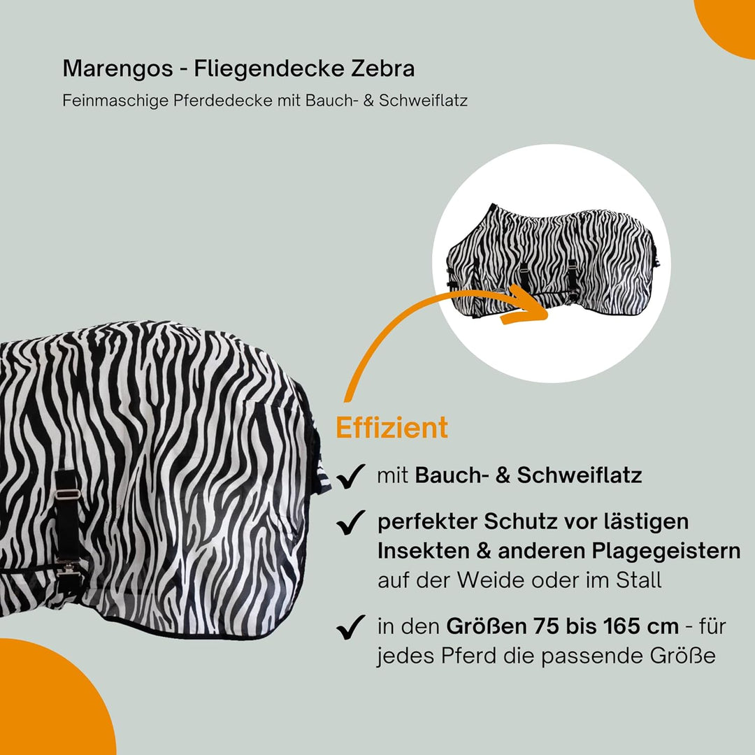 Marengos - Fliegendecke Zebra – feinmaschige Pferdedecke mit Bauch- & Schweiflatz – Schutz vor Insek