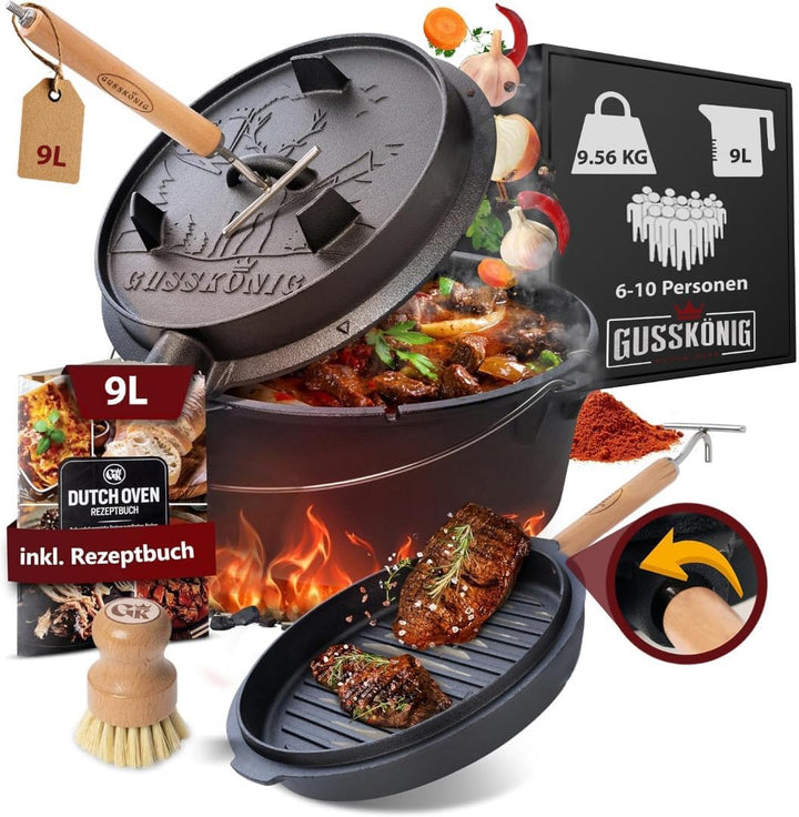 GUSSKÖNIG Dutch Oven Set [9L] - Eingebrannter Feuertopf mit innovativem 2in1 Deckelheber, Reinigungs