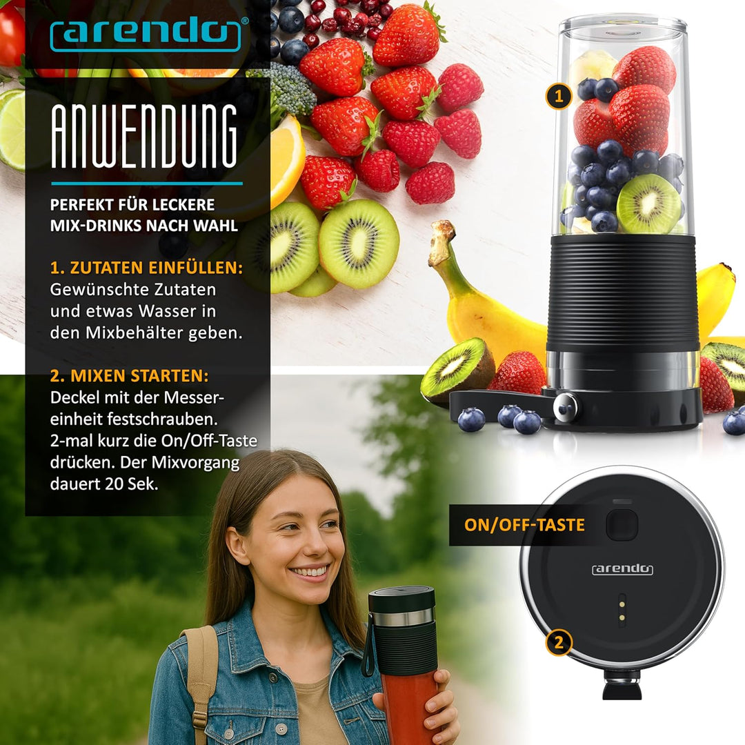 Arendo - Smoothie Maker to GO – tragbarer kabelloser Mixer 350 ml – Akkubetrieb Li-Ion - BPA freie F